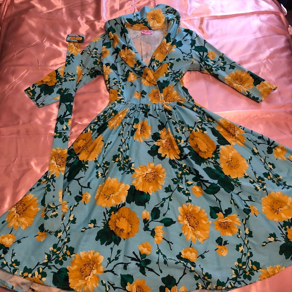 Pinup Girl Clothing Birdie dress in blue and yellow floral. Size L.